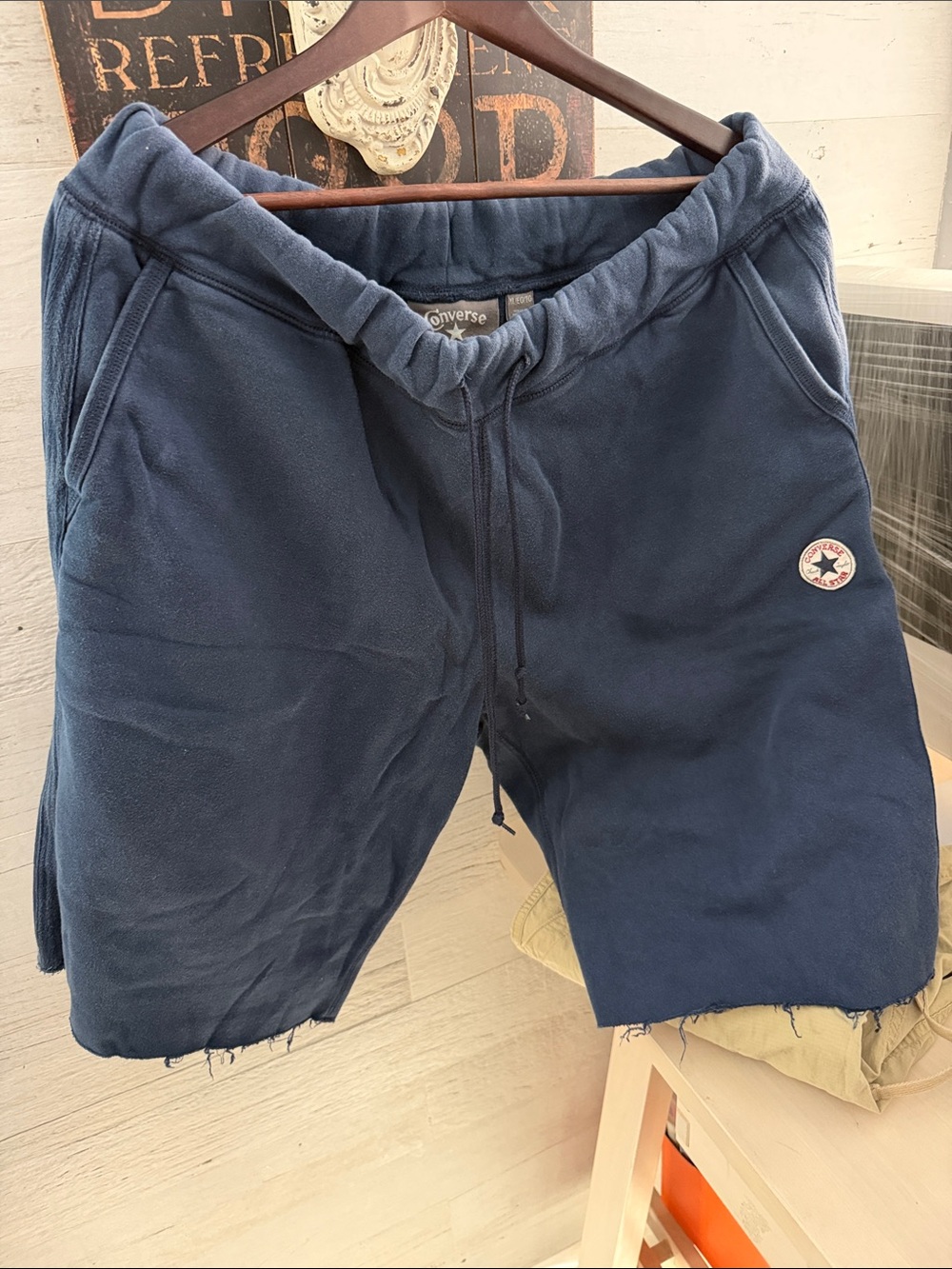 Vintage Y2K Converse Men's Dark Navy Fleece Drawstring Hybrid Shorts Frayed Hem